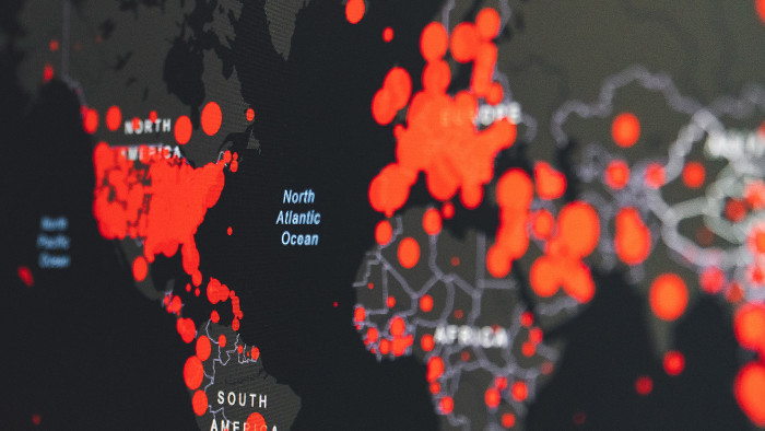 Mapa del mundo con puntos rojos.