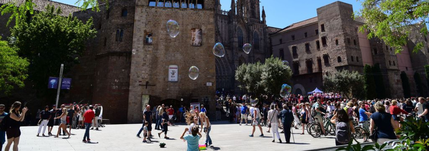 Multitud en la plaza de la Catedral de Barcelona.