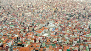 A bird's eye view of houses in a city